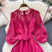 High quality vintage belted round neck half sleeve hollow out lace dress