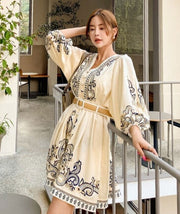 High Quality V Neck Lantern Sleeves Printed Dress