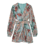 Long Sleeve Hollow Out Vintage V Neck Cashew Nuts Floral Print Chiffon Mini Dress