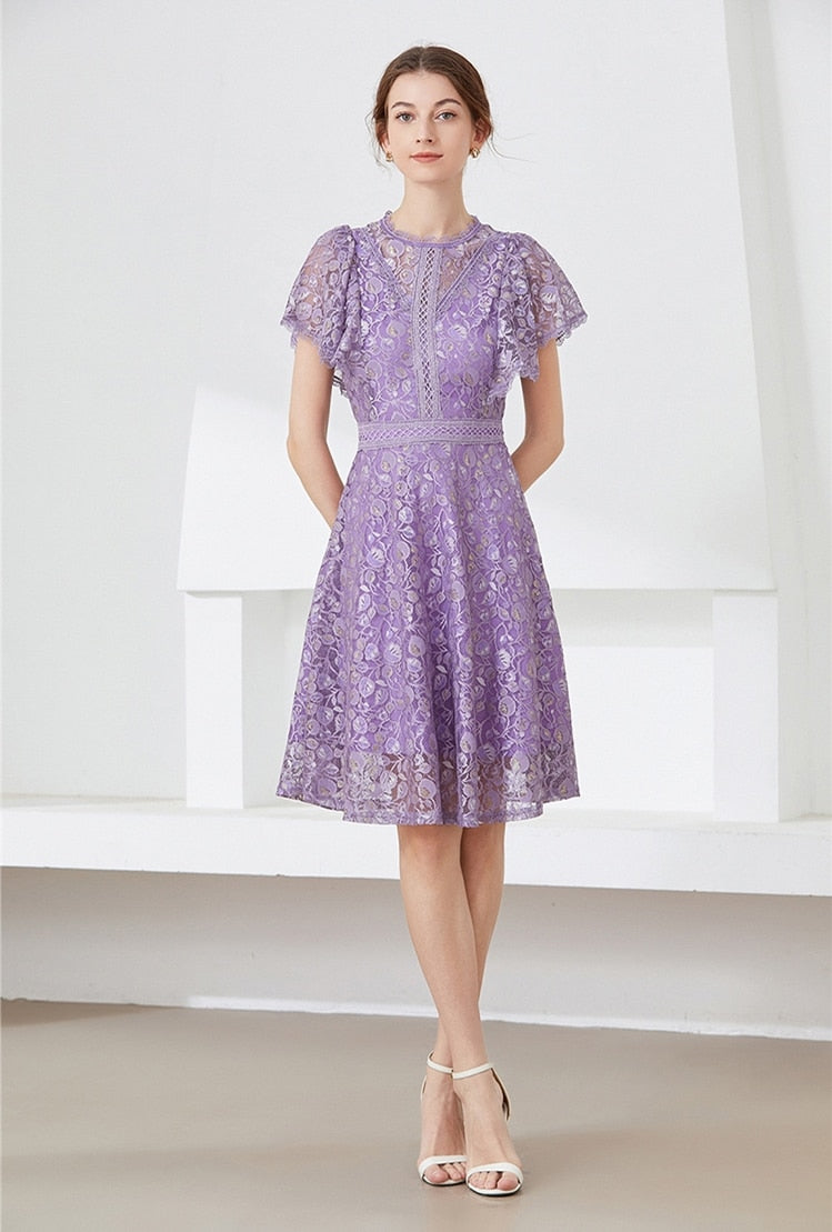 High quality multi color vintage designer flared elegant lace dress Purple / XXL High quality multi color vintage designer flared elegant lace dress Purple / XXL