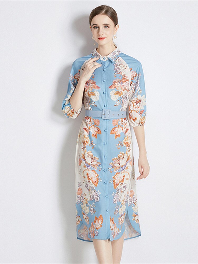 High Quality Belted Long Sleeve Flower Print Midi Dress