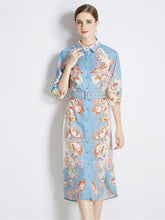 High Quality Belted Long Sleeve Flower Print Midi Dress