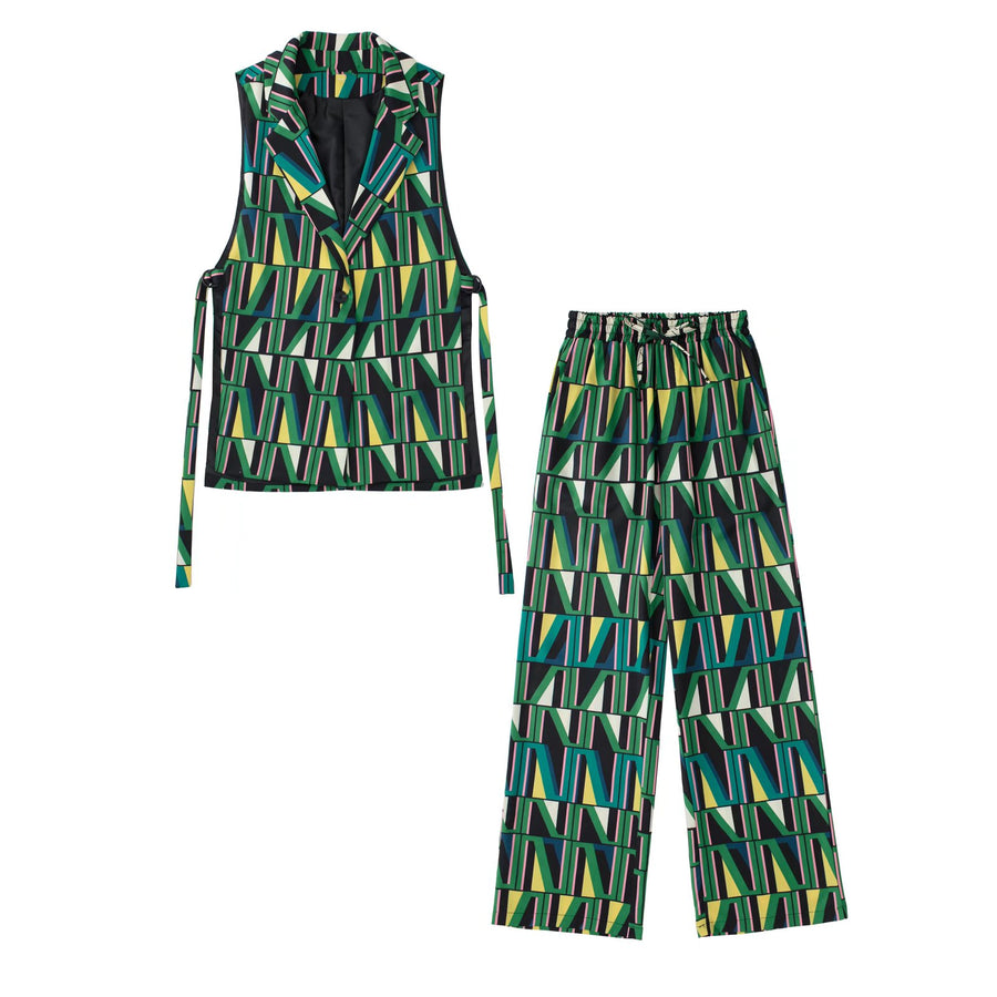 Sleeveless Geometric Print Side Slit Ribbon Vest and Pants Set