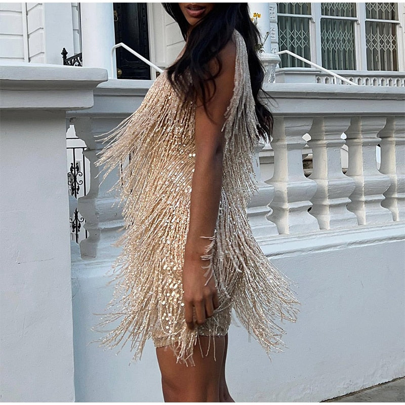 Off Shoulder Dresses V-Neck Feather Stitching Sequined Fringed