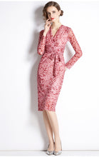 High Quality Vintage Designer V Neck Elegant Pink Sheath Dress