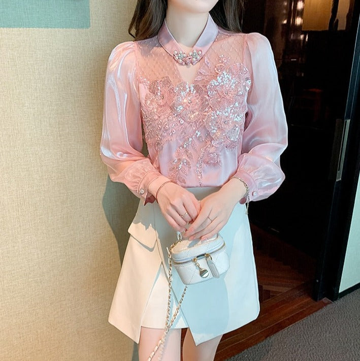 High quality loose beaded embroidery vintage elegant blouses