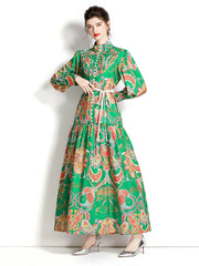 High Quality Loose Belt Floral Print Multicolor Long Sleeve Lantern Dress