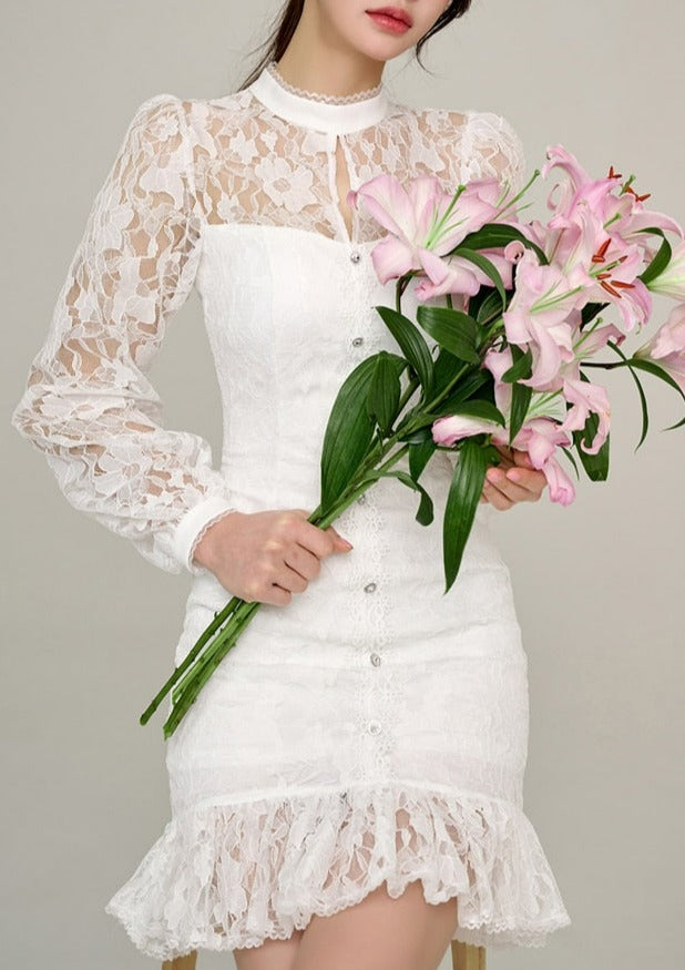 Pencil Sheath Sexy Summer Dress Women Knee Length Balloon Sleeves White Bodycon Floral Lace Dresses White / L Pencil Sheath Sexy Summer Dress Women Knee Length Balloon Sleeves White Bodycon Floral Lace Dresses White / L