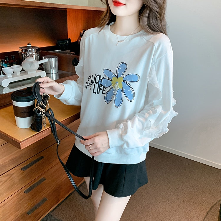 Printed O-Neck Sweatshirt Vintage Work Casual Tops Korean Design Long Sleeve Teet Loose T-Shirts