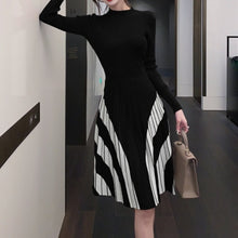 High Quality Striped Long Sleeves Pleated A Line Sweater Dress