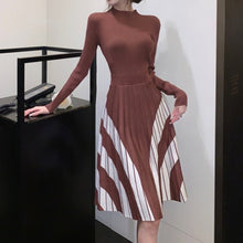 High Quality Striped Long Sleeves Pleated A Line Sweater Dress