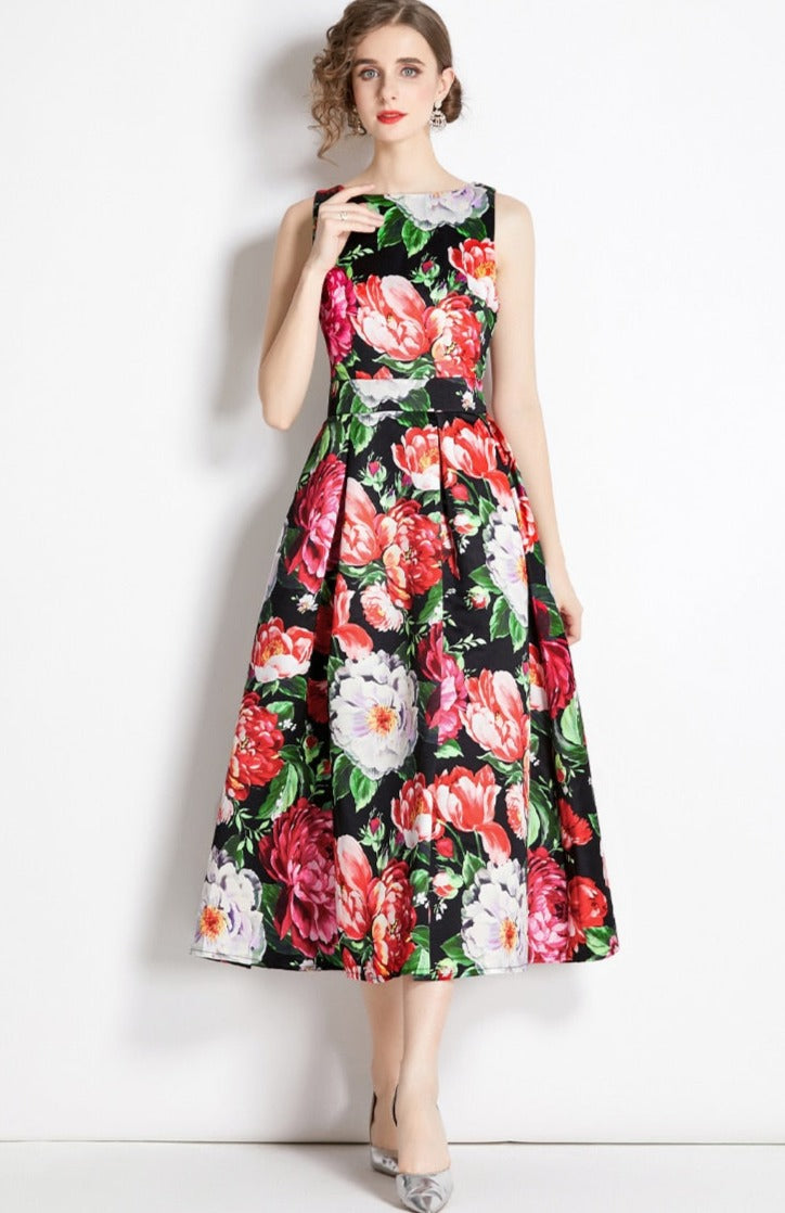 High Quality Midi Floral Print Sleeveless Round Neck Dress