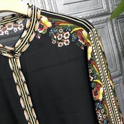 High Quality Stand Collar Retro Print Long Sleeve Silk Black Shirt