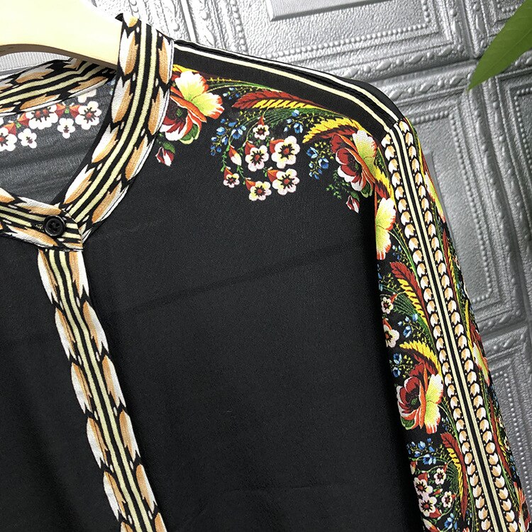 High Quality Stand Collar Retro Print Long Sleeve Silk Black Shirt