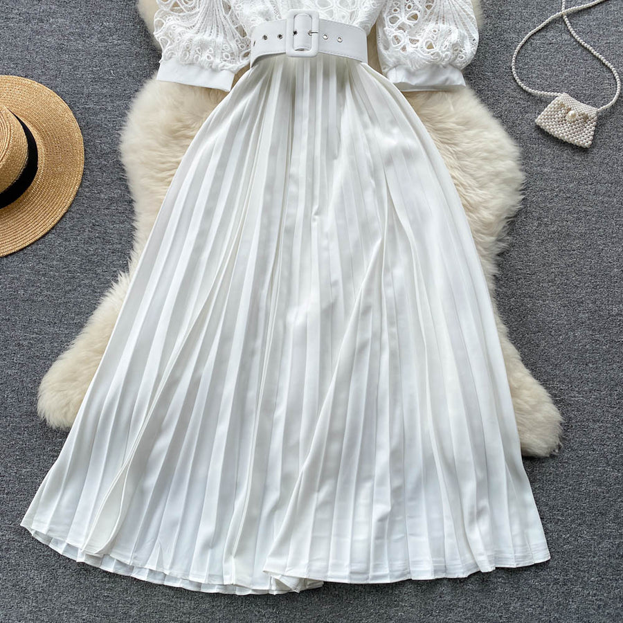 High-quality multi-color belted pleated lace dress with long sleeves