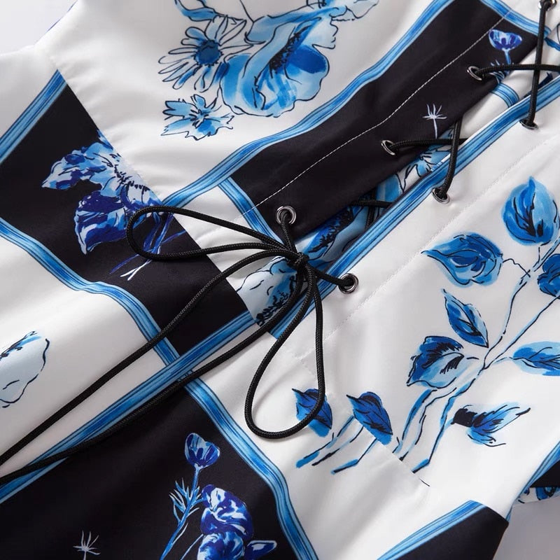 Dress elegant White and Blue floral printed knee length lace up A-line Blue / XL Dress elegant White and Blue floral printed knee length lace up A-line Blue / XL