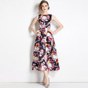 High Quality Midi Floral Print Sleeveless Round Neck Dress