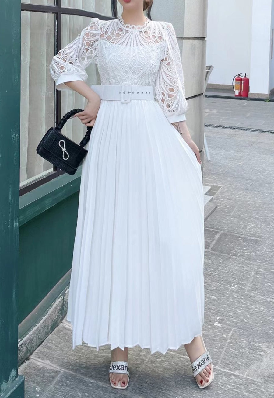 High quality vintage belted round neck half sleeve hollow out lace dress