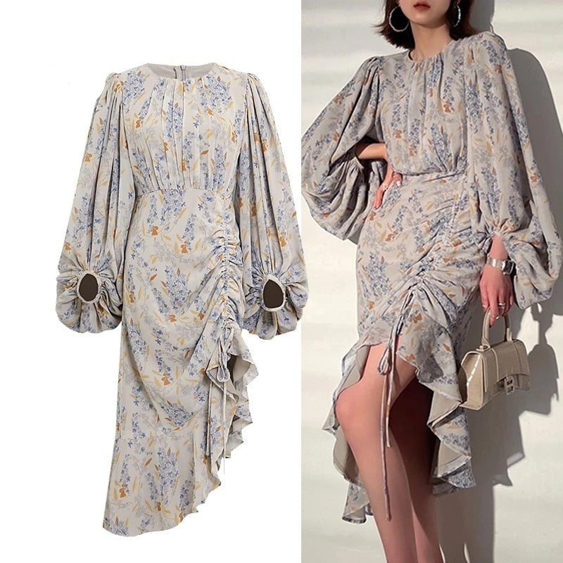 High Quality Knee-Length Hem Elegant Floral Sleeved Dress