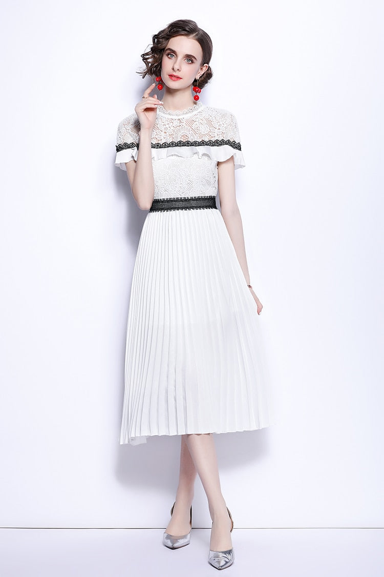 High Quality Vintage Designer Short Sleeve Floral Lace Sexy Pleated Dress