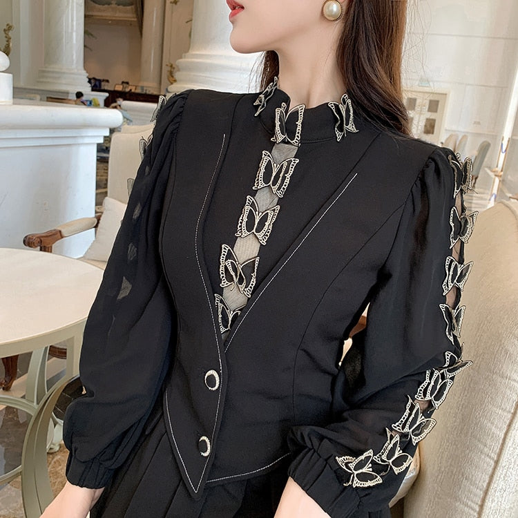 High Quality Pleated Long Sleeve Black Elegant Dress