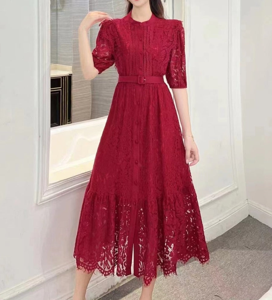 High quality multi color sleeves lace midi elegant vintage dress