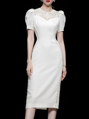 White High Quality Puff Sleeve Bodycon Elegant Midi Sheath Dress