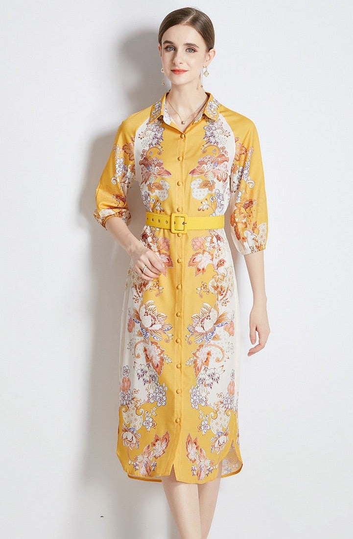 High Quality Belted Long Sleeve Flower Print Midi Dress