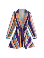 Multicolor Striped V-Neck Belt Long Sleeve Casual Loose Swing Dress