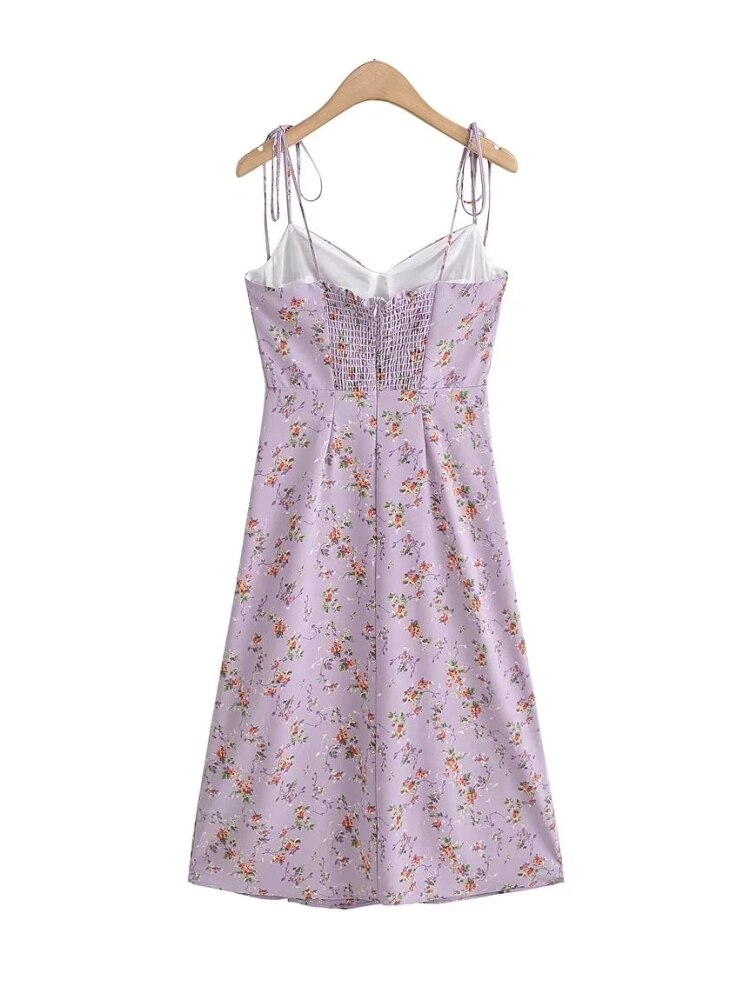 Purple Strappy Dress with Side Slit and Floral Print