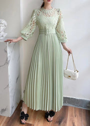 High quality vintage belted round neck half sleeve hollow out lace dress