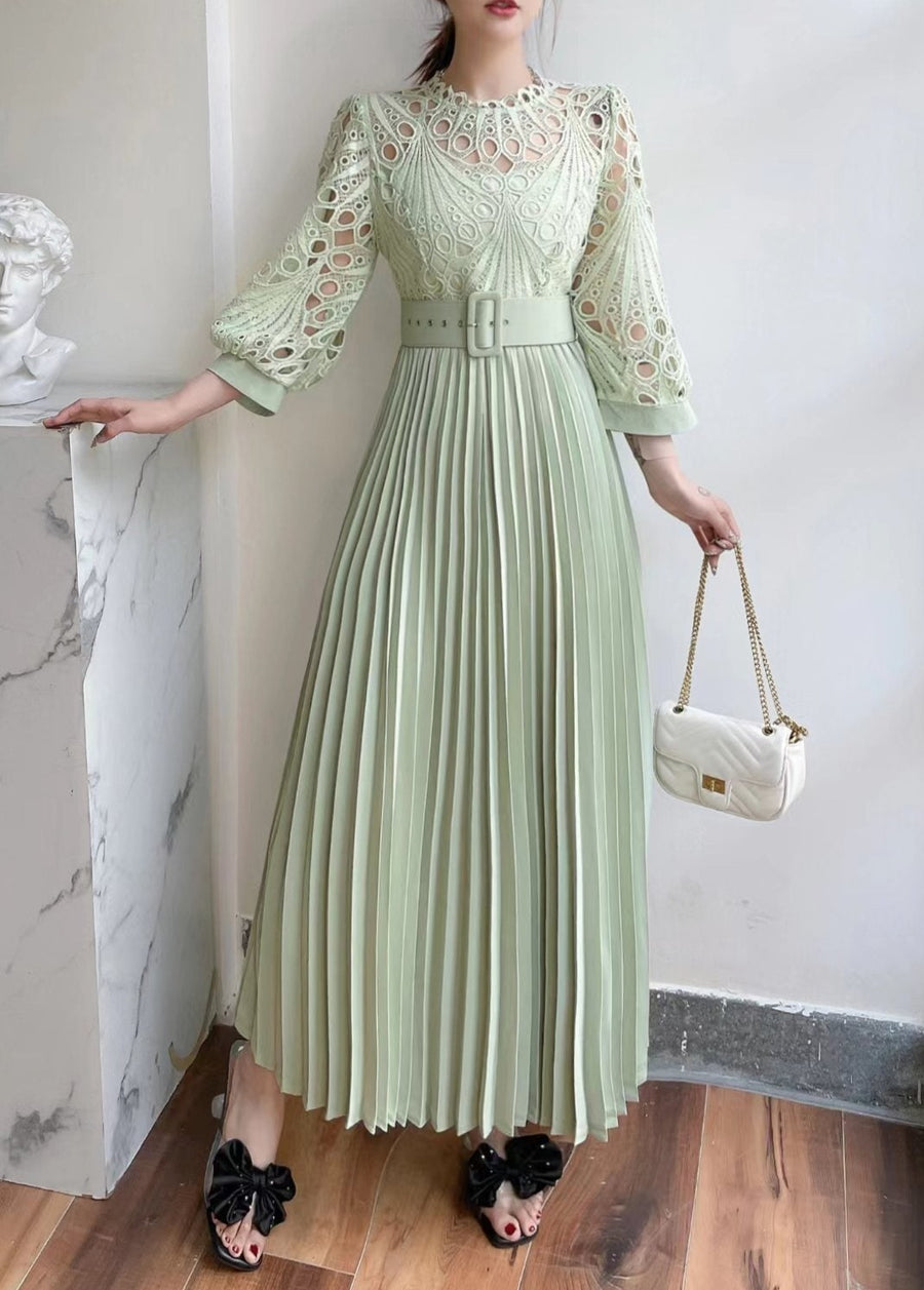 High quality vintage belted round neck half sleeve hollow out lace dress