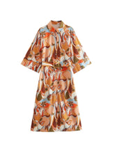 Dresses Floral Print With Belt Three Quarter Sleeves Casual