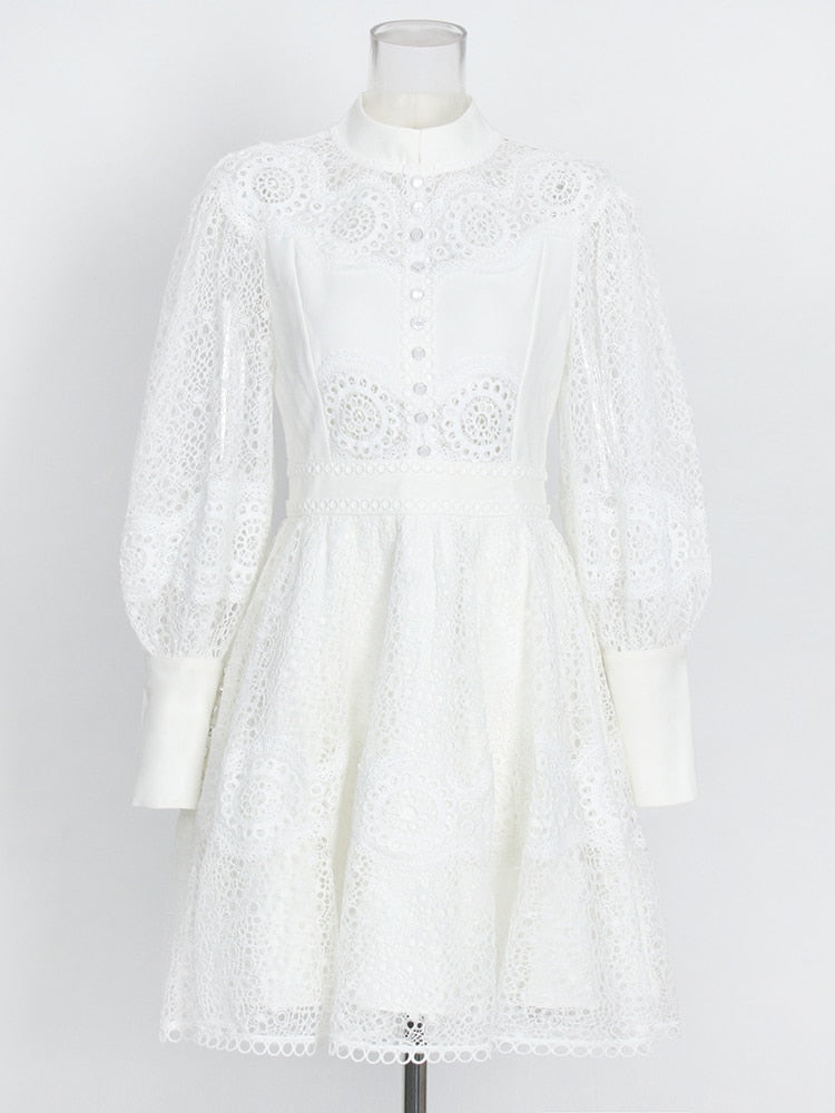 white lace dress with black collar White Lace Contrast Collar Mini Dress self-portrait-US