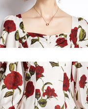 Women Autumn Elegant Floral Dress Festa High Quality Cocktail Party Robe Femme Vintage Square Collar Designer Vestidos