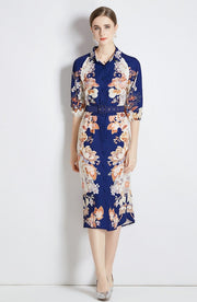 High Quality Belted Long Sleeve Flower Print Midi Dress