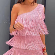 One Shoulder Fringe Sequin Dress