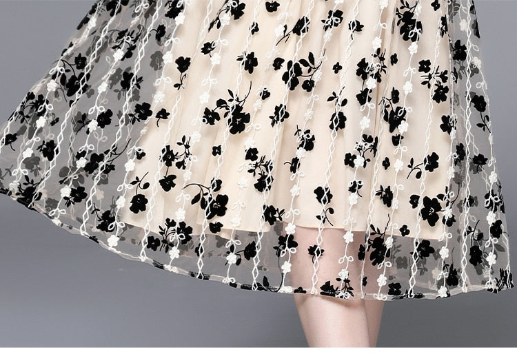 Women Summer Elegant Flocking Dress Festa High Quality Lace Cocktail Party Robe Femme Vintage Designer Mesh Vestidos