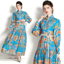 High Quality Loose Belt Floral Print Multicolor Long Sleeve Lantern Dress