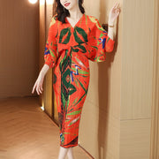 High Quality Batwing Sleeve V Neck Pleated Bodycon Floral Print Dress