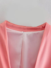 Pink Satin V Neck Bow Lace Up Long Sleeves Robe