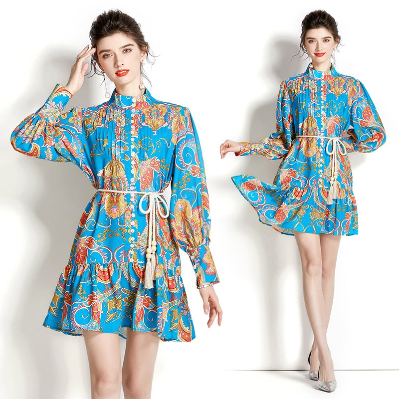 High quality vintage long sleeve single breasted lace belt print blue green shirt dress