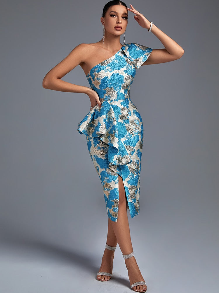 Blue Elegant Sexy Midi One Shoulder Ruffles Jacquard Bodycon Dress Blue / XS Blue Elegant Sexy Midi One Shoulder Ruffles Jacquard Bodycon Dress Blue / XS