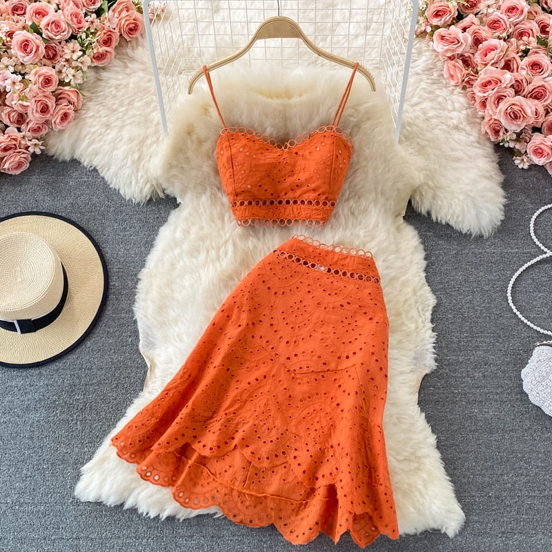 Embroidery Two Piece Set Sexy Backless Tube Top + High Waist Irregular Bodycon Skirt High Quality