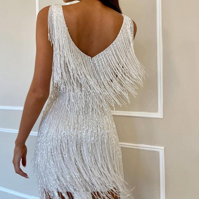 Off Shoulder Dresses V-Neck Feather Stitching Sequined Fringed