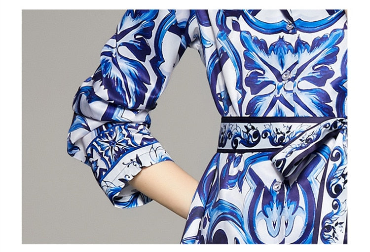 High Quality Blue Porcelain Print Long Sleeve Blouse + Pant 2 Piece Set