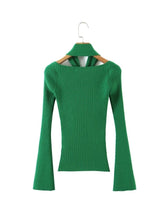 2 Colors Cross Halter Neck Long Sleeve Slim Fit Knitted Sweater
