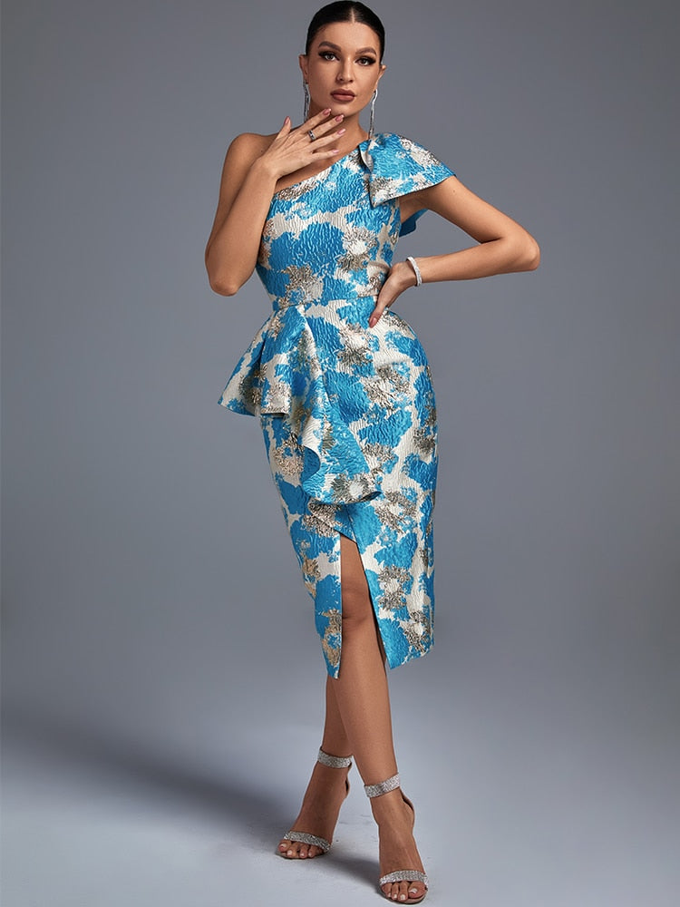 Blue Elegant Sexy Midi One Shoulder Ruffles Jacquard Bodycon Dress