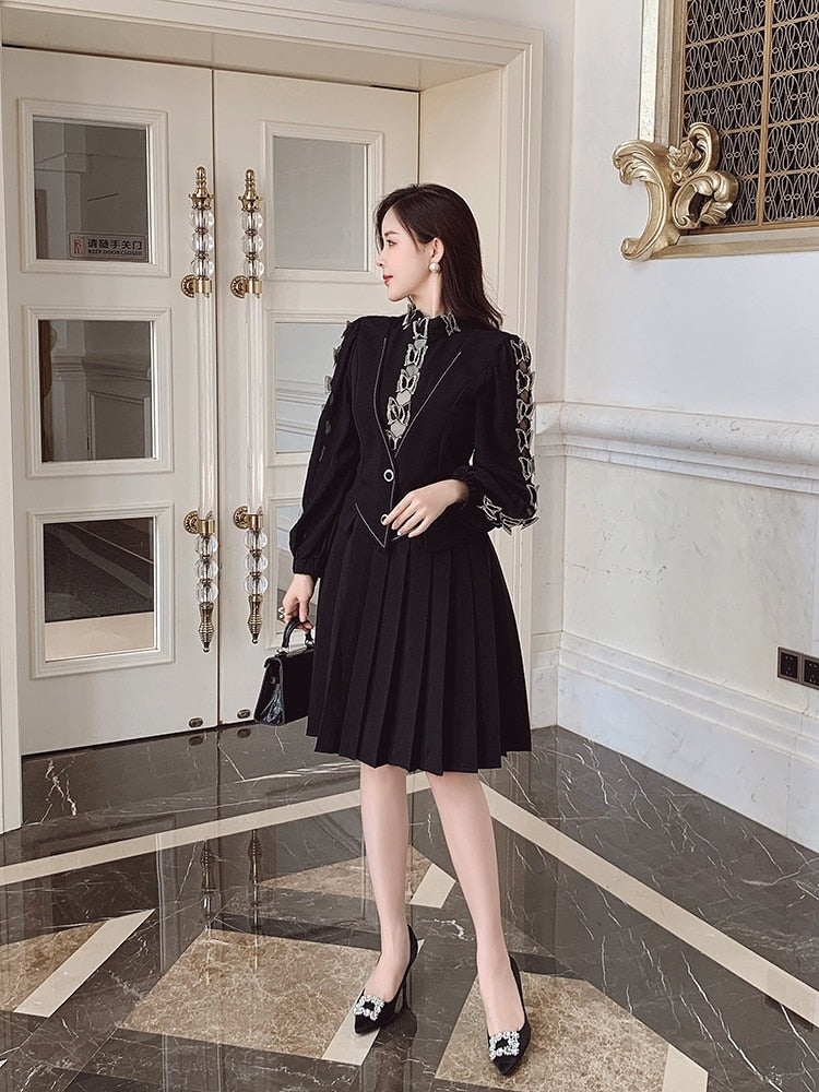 High Quality Pleated Long Sleeve Black Elegant Dress