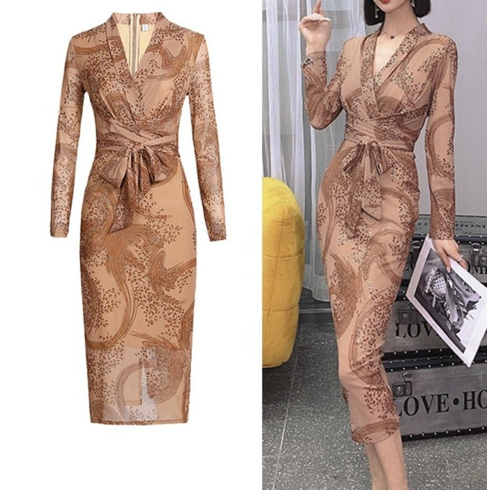 High Quality Long Sleeve Floral Vintage Print Elegant Dress